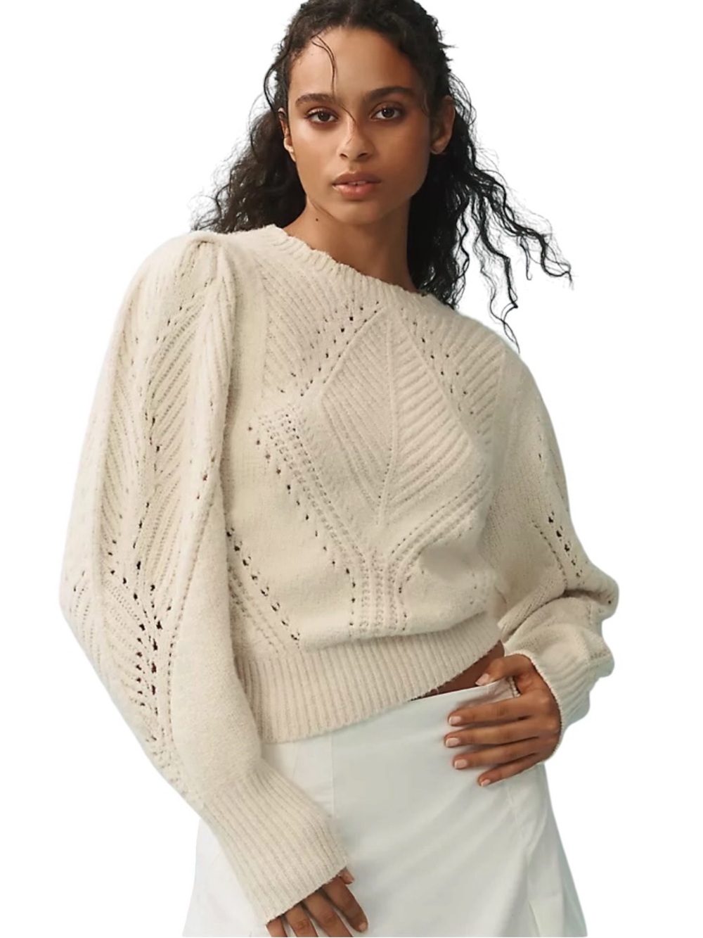 Anthropologie Cream Color Scalloped Collar Sweater size Small